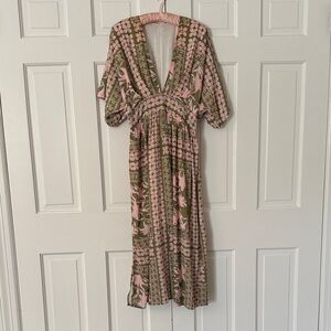 Floral V-Neck Maxi Dress - Pink and Green